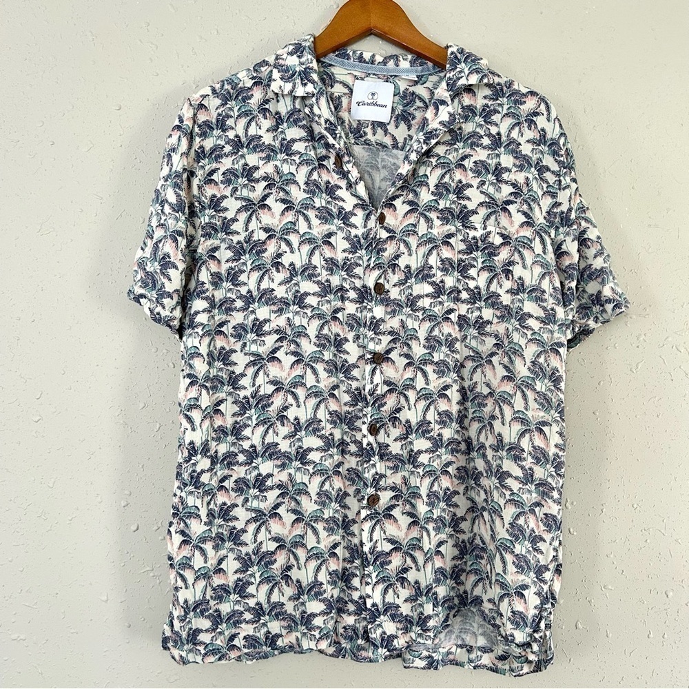 🦋 Caribbean Palm Tree Hawaiian Beach Button Down T-Shirt Large